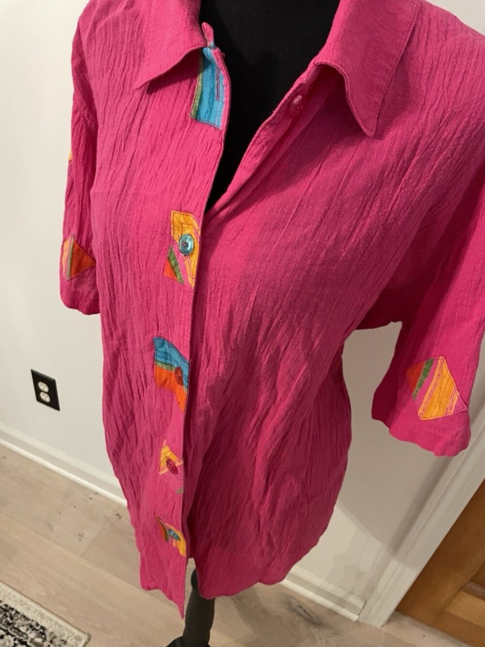 Vintage 90s Bonnie Boynton Artsy Pink Top Resortwear Shirt Button Gauze Cotton L - Picture 4 of 8